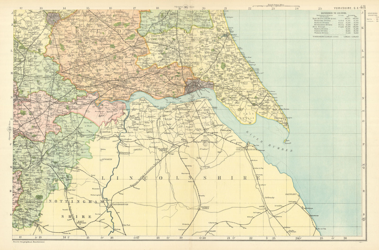 YORKSHIRE (South East) Hull York antique county map by GW BACON 1898 old